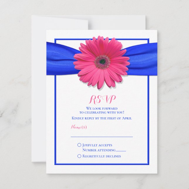 Gerbera rose avec carte RSVP ruban bleu (Devant)