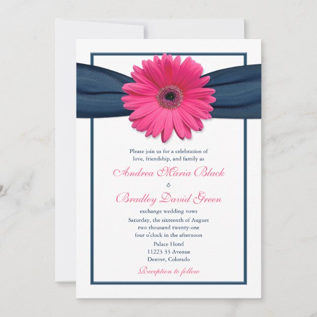 Gerbera rose avec Faire-part de mariage de ruban d (Devant)