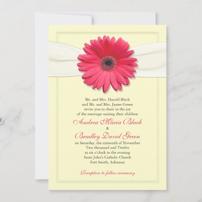 Gerbera rose avec Invitation du Ruban d'Ivoire (Devant)