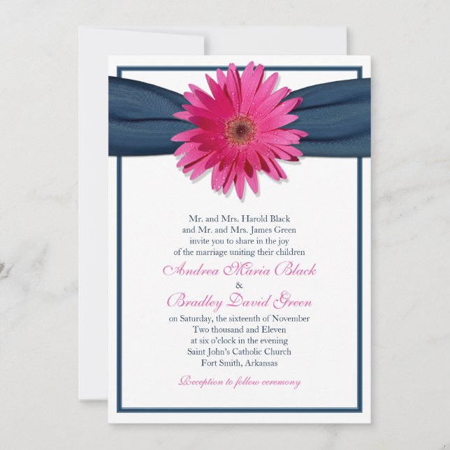 Gerbera rose avec la marine Blue Ribbon Invitation (Devant)