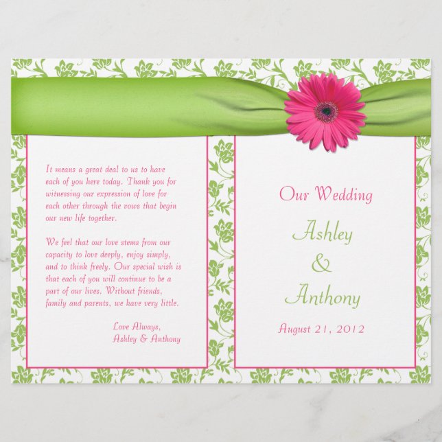 Gerbera rose Daisy Green Floral Wedding Programme (Devant)