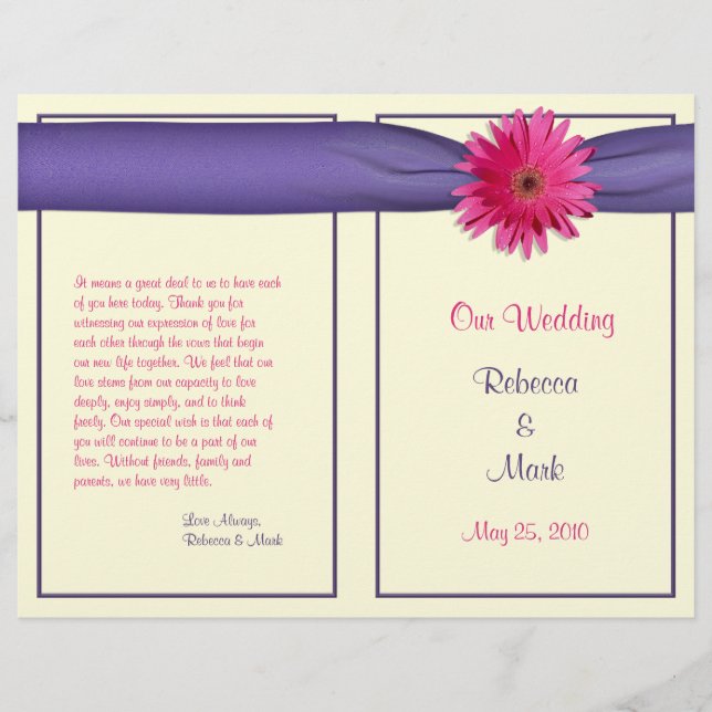 Gerbera rose Daisy Purple Ribbon Wedding Programme (Devant)
