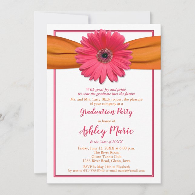 Gerbera rose Orange Ribbon Invitation de graduatio (Devant)
