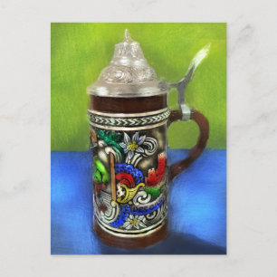 German Beer Stein w/Hinged Lid Blue Green Postcard