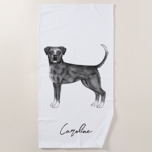 German Boxer Dog In Black And White & Custom Name Beach Towel