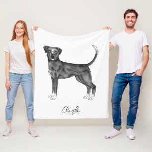 German Boxer Dog In Black And White & Custom Name Fleece Blanket