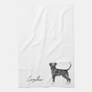 German Boxer Dog In Black And White & Custom Text Kitchen Towel
