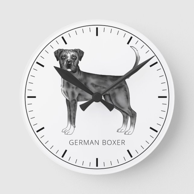 German Boxer Dog In Black And White & Custom Text Round Clock (Front)