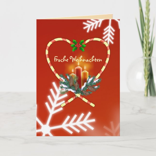 German Christmas - candy cane candles, pine,cones Holiday Card (Front)