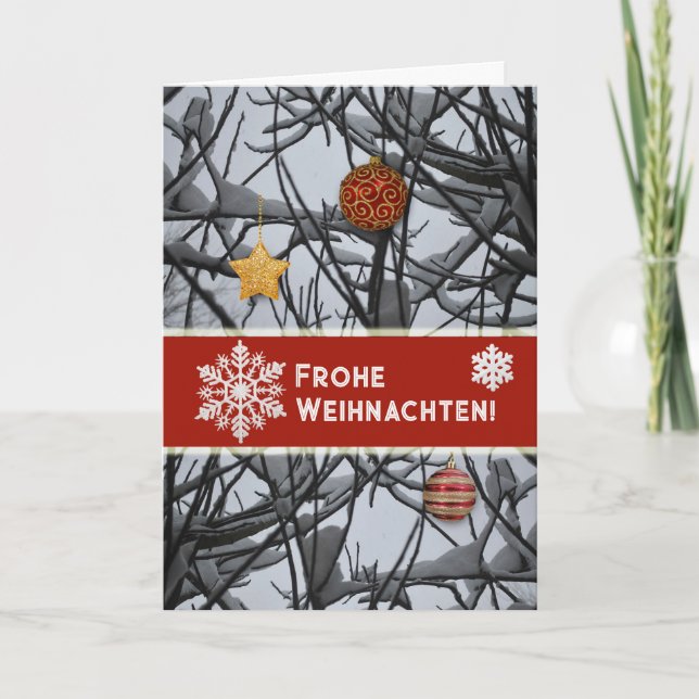 German Christmas Ornaments on Snowy Branches Holiday Card (Front)