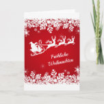 German Christmas - Snowflakes, Santa, reindeer Holiday Card<br><div class="desc">White snowflakes,  Santa Claus with his sleigh and reindeer on a red wintry background. The German text in front says: Merry Christmas. Inside in German too: Merry Christmas and a happy New Year.</div>