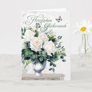 German Congratulations White Roses and Butterflies Card