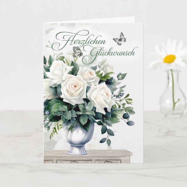 German Congratulations White Roses and Butterflies Card (Small Plant)