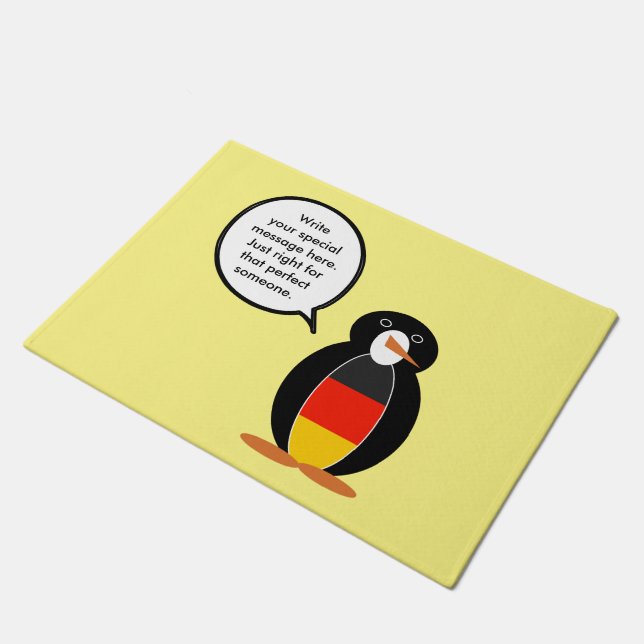 German Flag Talking Ms. Penguin Personalized Doormat (Angled)