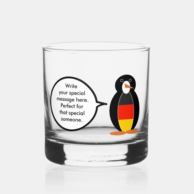 German Flag Talking Ms Penguin Personalized Whiskey Glass (Front)
