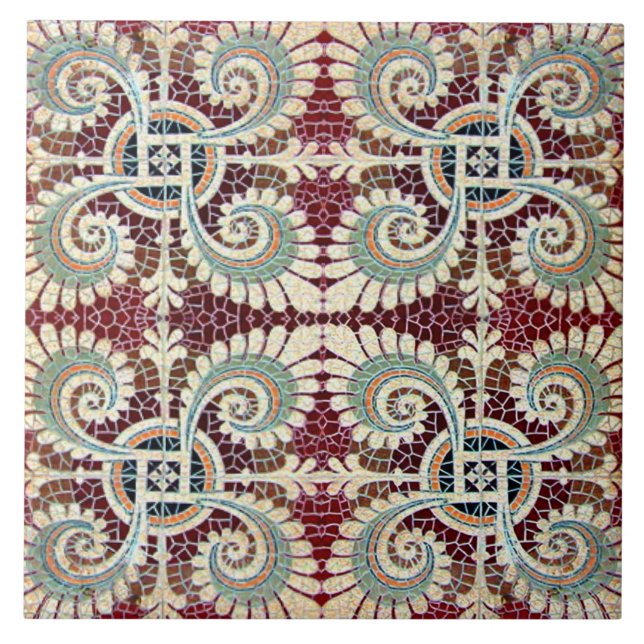 German Floral Maroon Art Nouveau Jugendstil  Tile (Front)