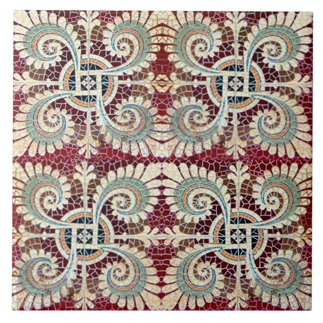 German Floral Maroon Art Nouveau Jugendstil  Tile (Front)