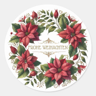German Frohe Weinachten, Poinsettia Christmas Classic Round Sticker