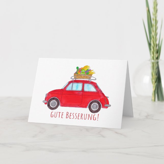German Get well Red Retro Fiat 500 Card (Front)