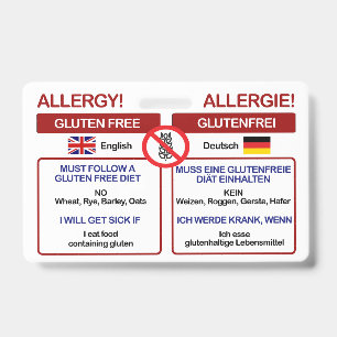GERMAN Gluten Free Travel Card   Allergy Badge