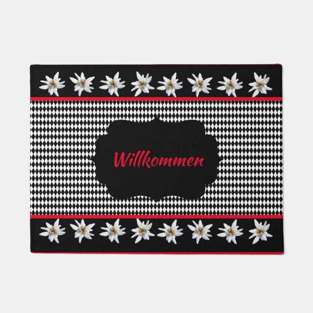German Inspired Black Checked with Edelweiss  Doormat (Front)