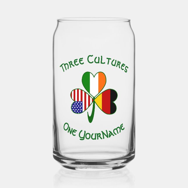 German Irish USA Flags Shamrock Personalized Can Glass (Front)