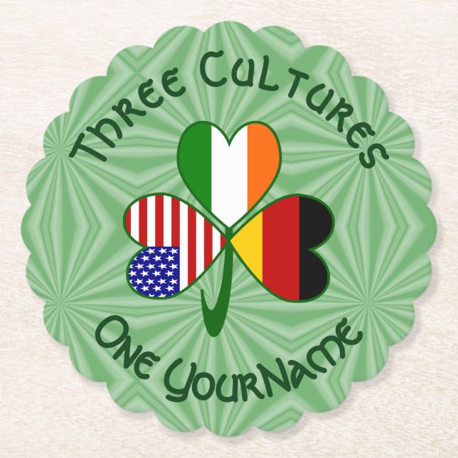 German Irish USA Flags Shamrock Personalized  Paper Coaster (Front)