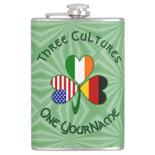 German Irish USA Shamrock Flag Personalized Text  Hip Flask