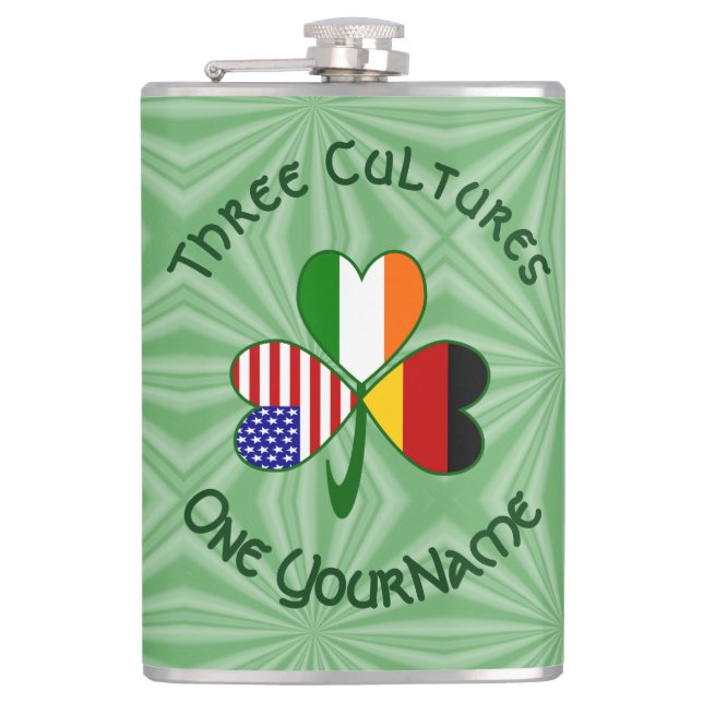 German Irish USA Shamrock Flag Personalized Text  Hip Flask (Front)