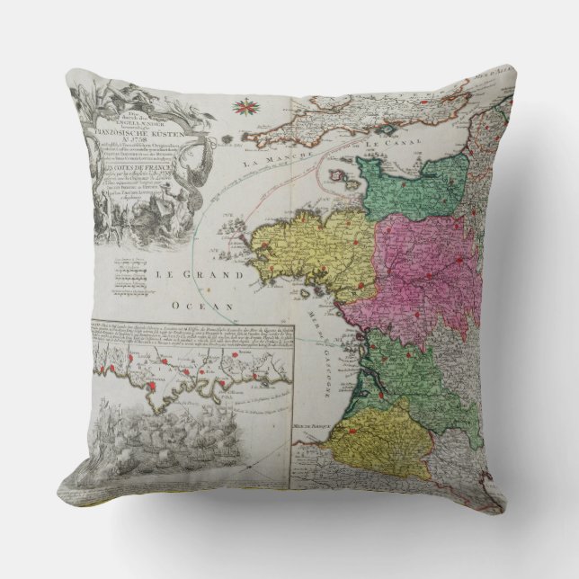 German Map showing English naval attacks on French Throw Pillow (Front)