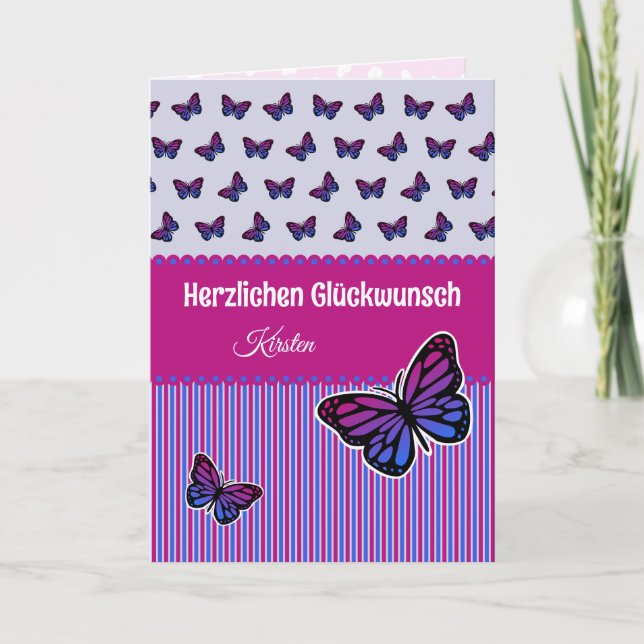 German pink and lilac butterfly custom text card (Front)