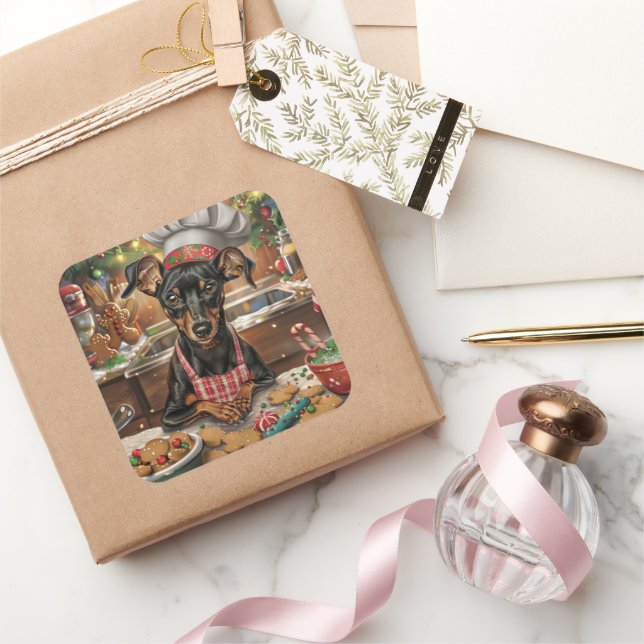 German Pinscher Holiday Baking: Festive Christmas Square Sticker (Gifting)