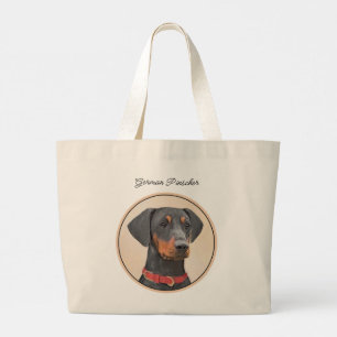 German Pinscher Painting Black Original Dog Art Large Tote Bag
