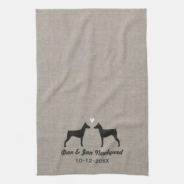 German Pinscher Silhouettes with Heart Kitchen Towel (Vertical)