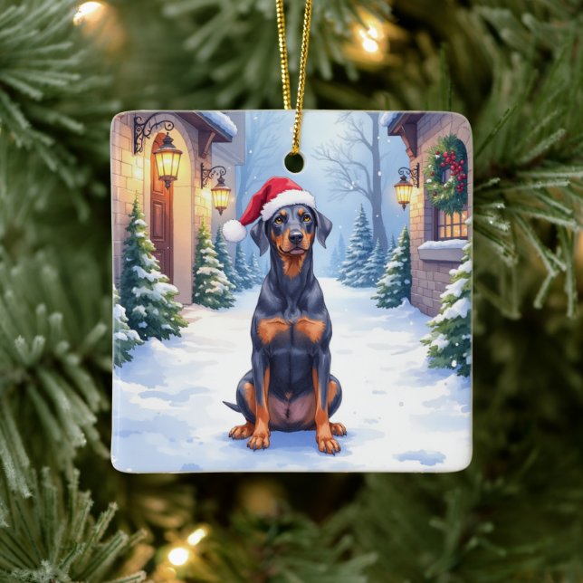 German Pinscher Snowy Courtyard Santa Hat Ceramic Ornament (Tree)