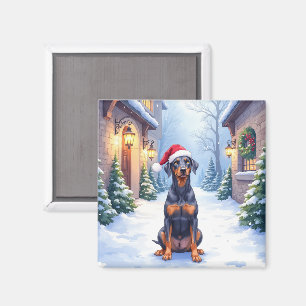 German Pinscher Snowy Courtyard Santa Hat Magnet