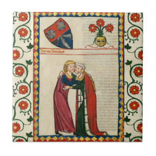 GERMAN POET,HIS BEAUTIFUL LADY,MEDIEVAL MINIATURE TILE