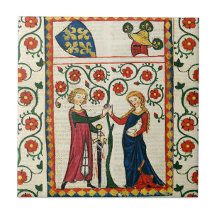 GERMAN POET,HIS BELOVED LADY,MEDIEVAL MINIATURE TILE