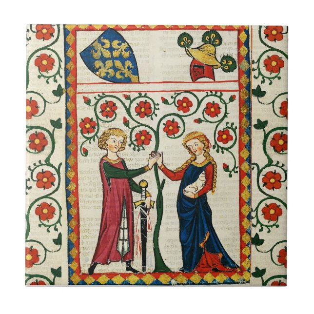 GERMAN POET,HIS BELOVED LADY,MEDIEVAL MINIATURE TILE (Front)