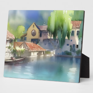 German River Village Watercolor Plaque