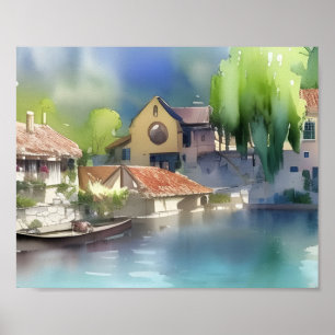 German River Village Watercolor   Poster