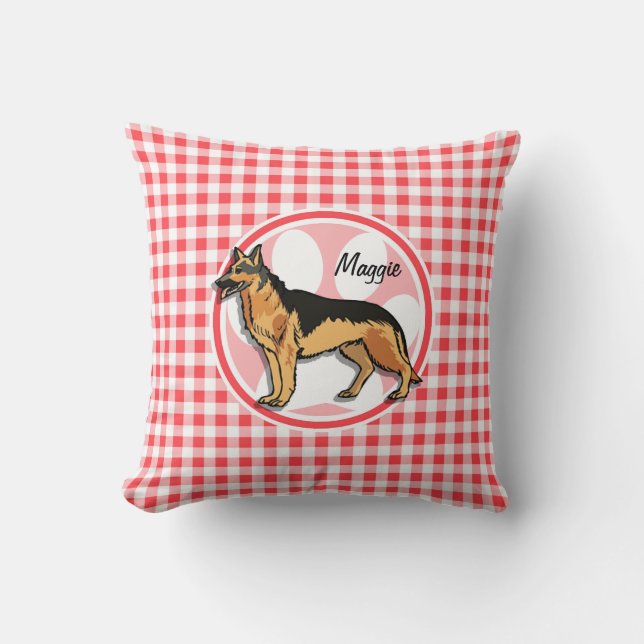 German Shepard; Red and White Gingham Throw Pillow (Front)