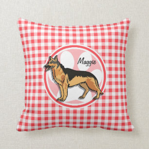 German Shepard; Red and White Gingham Throw Pillow