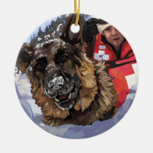 German Shepard Search and Rescue in the Snow Ceramic Ornament