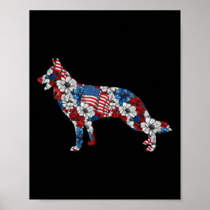 German Shepherd 4th Of July Flower American Flag P Poster