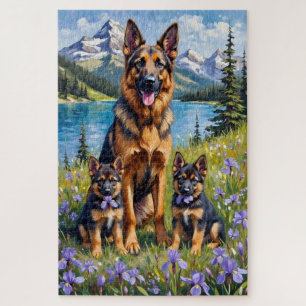German Shepherd Alpine Iris Art Jigsaw Puzzle