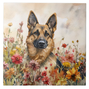 German Shepherd Among Vibrant Wildflowers Tile