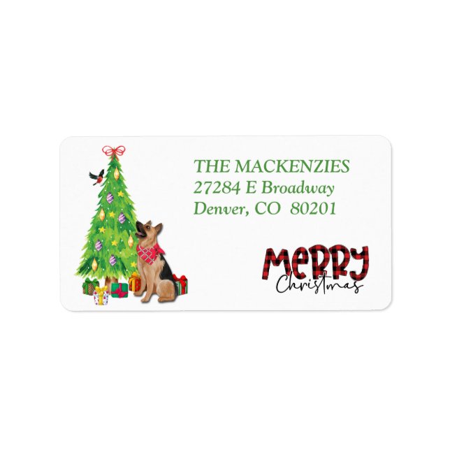 German Shepherd and Christmas Tree Return Address Label (Front)