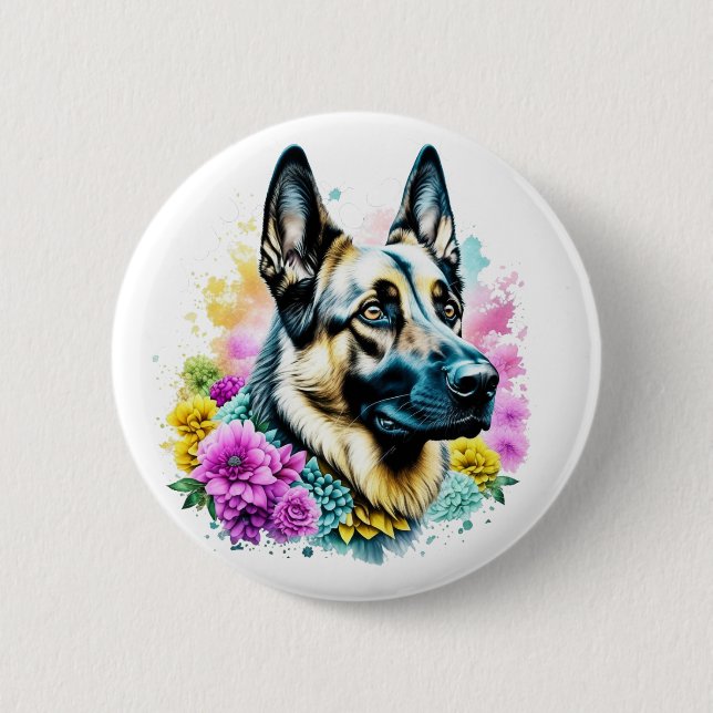 German Shepherd and Flowers ai art 2 Inch Round Button (Front)