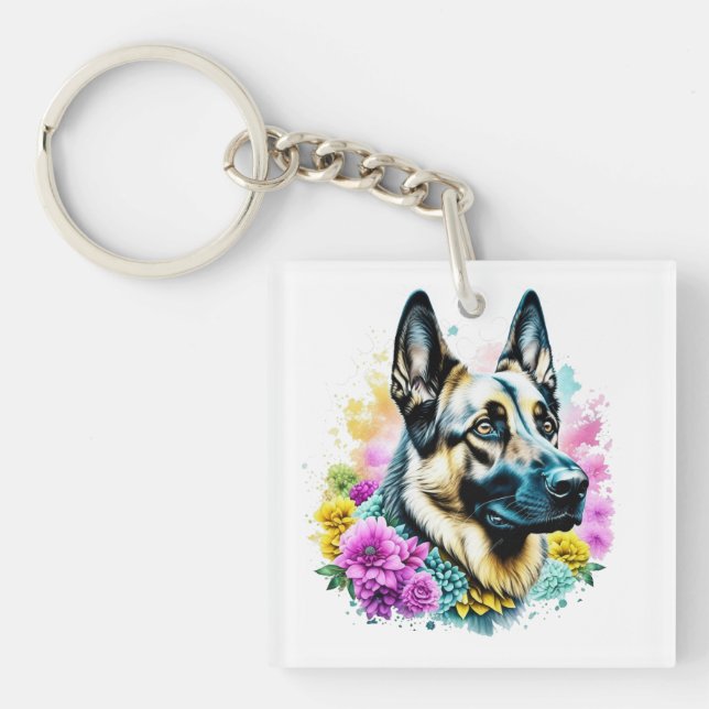 German Shepherd and Flowers ai art Personalized Keychain (Front)
